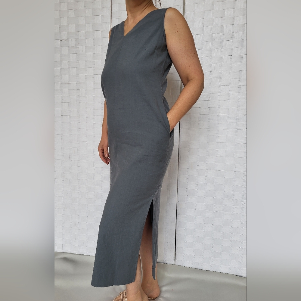 NWT$325 Theory Deep V Linen Blend Maxi/Midi Sleeveless Shift Dress S (2-4)